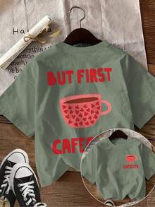 Camiseta de algodón de 180g para mujer, camiseta casual con estampado vintage de taza de café y corazón, cuello redondo, mangas cortas, estampado divertido Drink Coffee First, adecuada para el uso diario, salidas informales, versátil para uso en casa y paseos al aire libre. Sencilla y versátil, estilo de nicho a, la primera opción para parejas. - Negro - Ver 7