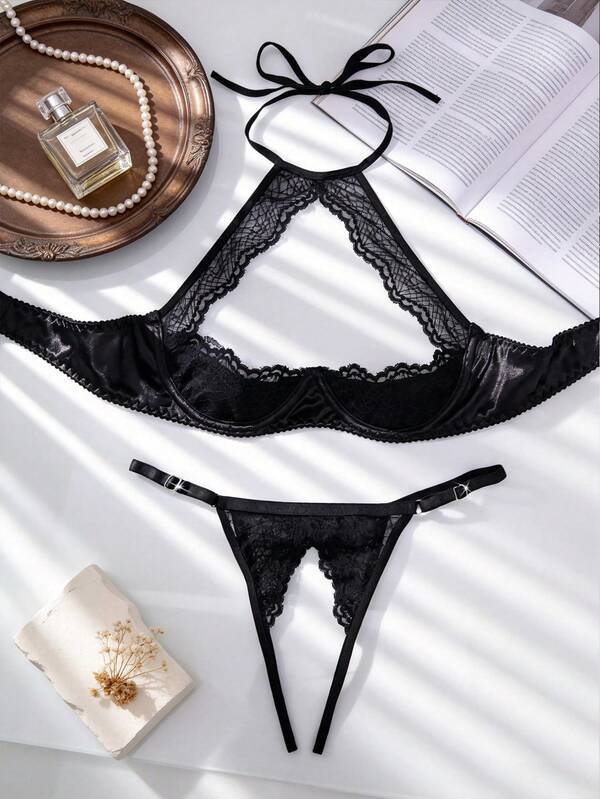 1 Conjunto de Lencería Sexy Transparente de Encaje Negro con Cuello Halter para Mujer
