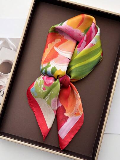 1pc French Elegant Casual Floral Basket Painting Print 65*65cm Square Scarf, Versatile For Outdoor Photography, Dates, Performances, Holidays, Office Wear