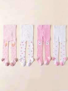 4双装女童连裤袜，可爱兔子、小熊、草莓和爱心图案，柔软透气舒适时尚婴儿连裤袜，春秋季款 - 彩色 - 查看 13