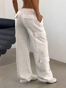 女士休闲运动弹力腰带翻盖口袋裤 - 淺灰色 - 查看 5