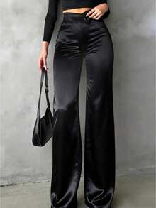 Women's Solid Satin High-Waisted Straight-Leg Pants, Suitable Daily Wear, Office Commute, Home, Dates, Small Parties, And Light Social Occasions Black Spring - Black - View 1