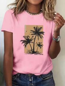 Camiseta de algodón de 180 g de peso, estilo vacacional fresco para mujer - con estampado de cocoteros tropicales, lavable aáquina, top casual deportivo de cuello redondo fácil de combinar, tela transpirable, adecuada para todas las estaciones, disponible enúltiples colores y tallas, perfecta para vacaciones en la playa, fiestas de verano y salidas diarias, resaltando tu calidez y energía, ¡una prenda imprescindible! Adecuada para el transporte diario, salidas informales, versátil para uso en casa e para paseos al aire libre. Sencilla y versátil, un estilo de nicho a, la primera opción para parejas. - Blanco - Ver 6