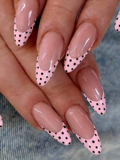 24pcs Medium Almond-Shaped Soft & Elegant Black Polka Dot False Nails, Suitable For Spring/Summer Daily Wear. Black & Pink Polka Dot Design, Pink French Tip Full Coverage Fake Nails For Women & Girls. Includes 1 Glue Sticker And 1 Random Mini Glue Strip.