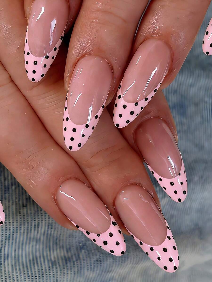 24片中号杏仁形柔软优雅黑色波点假指甲，适合春夏日常佩戴。黑粉波点设计，粉色法式全覆盖假指甲，适合女性和女孩。包含1张胶贴和1条随机迷你胶条。 - 粉色 - 查看 1