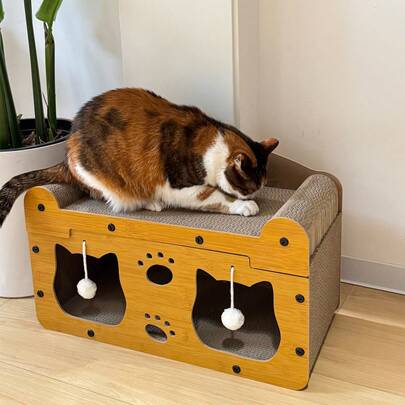 Poste rascador para gatos de 2 niveles con juguete de bola colgante, casa multiusos para gatos con áreas de descanso y actividad, adecuada para varios gatos y gatitos