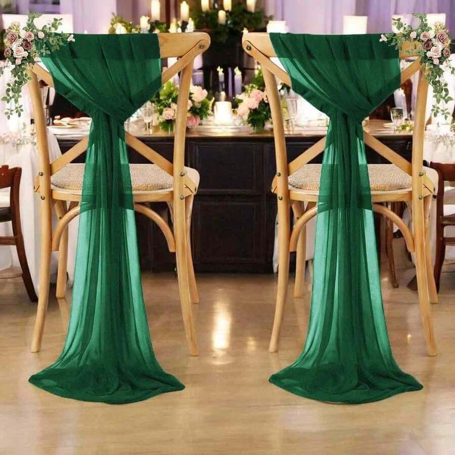 10 pezzi Coprisedia in chiffon verde scuro con decorazioni di fiori artificiali, decorazioni per lo schienale delle sedie da matrimonio, adatte per banchetti, matrimoni, eventi e decorazioni per feste - si adattano alla maggior parte delle sedie per eventi - Verde Scuro - Visualizzare 1