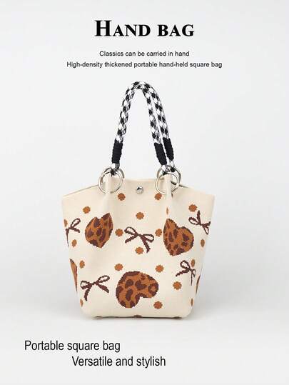 Cute Cartoon Multi-Color Knot Decor Large Capacity Bucket Bag, Handheld Tote, Elegant Multifunctional Travel Handbag