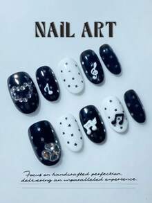 10 Handcrafted Press-On Nails, Y2K Style, Cute Nails, False Nails, Exquisite Black And White Starlight Musical Note Nails, 3D Rhinestone Heart Wings Oval False Nails, Black Nails, High-End Quality, Detachable And Reusable, Suitable For Parties And Music Festivals. - Black and White - View 3
