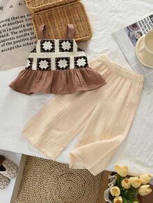 bearleader 2pcs/Set Girls' Summer Casual Floral Woven Texture Camisole Top And Pants Set - Brown - View 1