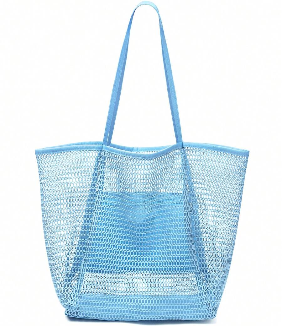 Mesh Beach Bag Lightweight Tote With Zipper Pocket For Travel_voghion.com