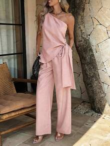 PoPoHouse 女士粉色优雅两件套夏季度假海滩休闲通勤办公室时尚婚礼派对外出单肩褶皱上衣和阔腿裤套装 - 粉色 - 查看 10