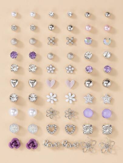 30 Pairs Shiny Flower, Heart, Star Assorted Elements Earrings Set, Delicate Stud Earrings Suitable For Party, Vacation Wear
