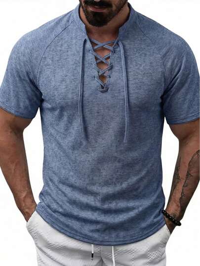 男士时尚休闲上衣，春夏健身透气运动面料，纯色V领抽绳落肩短袖亨利衫