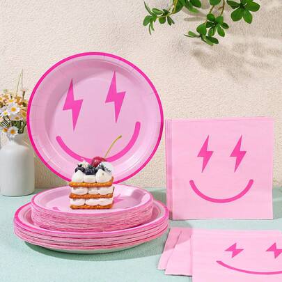 Pink Smiling Face Disposable Party Tableware Set, 7/9 Inch Disposable Paper Plates, Napkins, Suitable For Family Gatherings, Gender Reveal, Celebrations, Birthdays, Weddings, Bachelorette Parties, Picnics