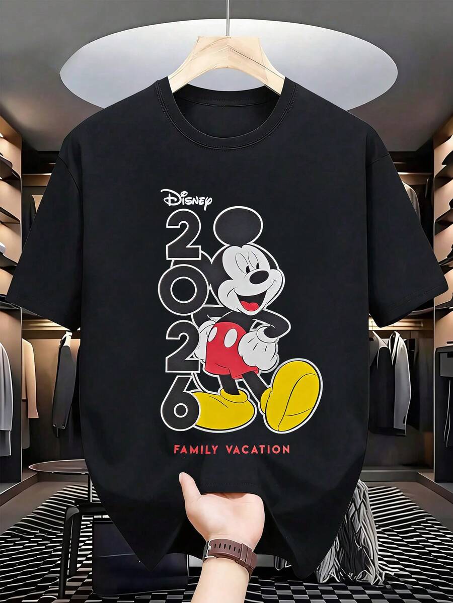 Disney 2026 Family Vacation Men's Casual T-Shirt Classic  Cartoon Print Black Short Sleeve Loose Comfort Crew Neck Daily All-Match Top - màu đen - Xem 1