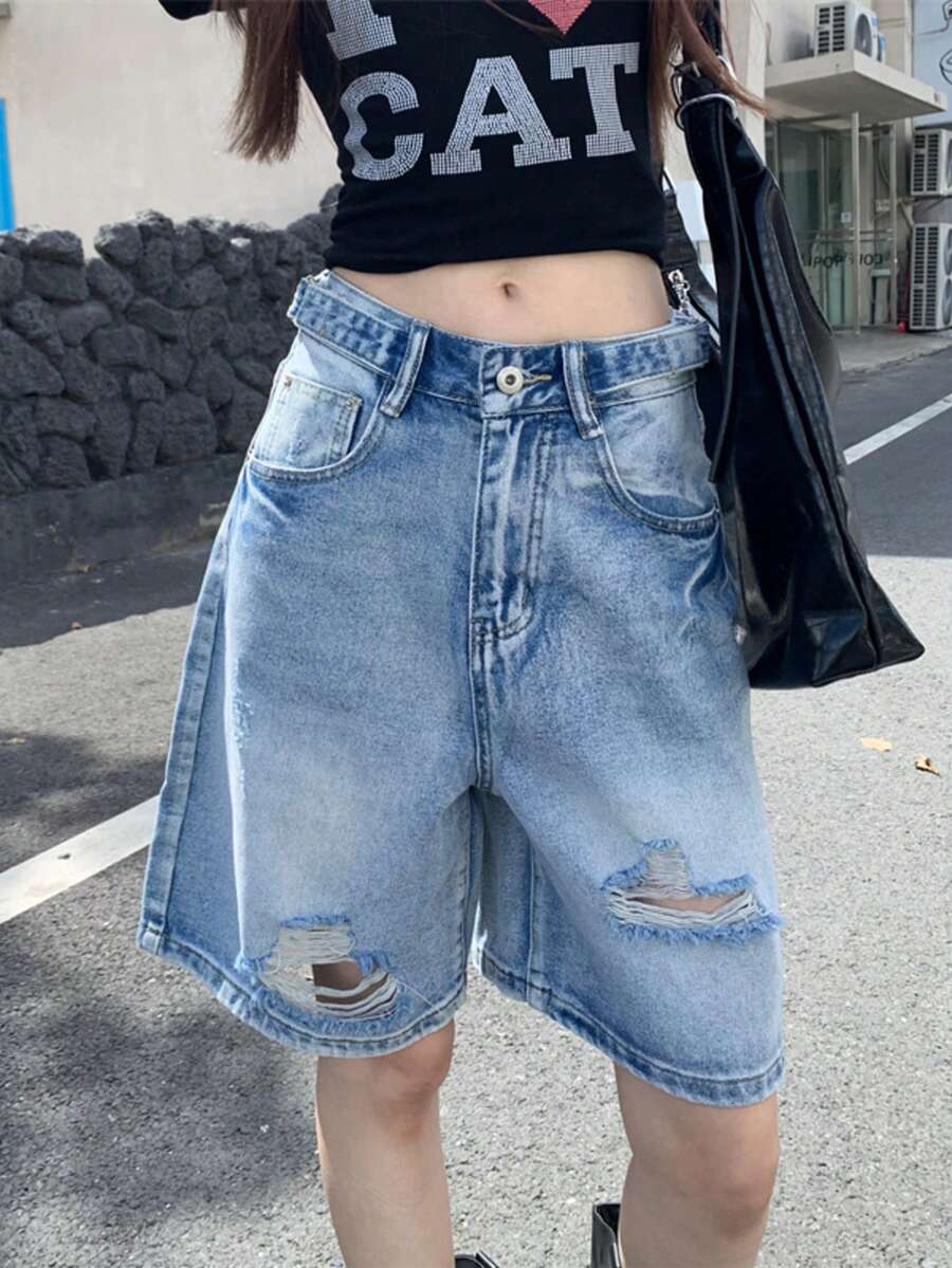 女士腰带设计破洞喇叭七分牛仔裤，休闲夏季款 - 藍色 - 查看 1