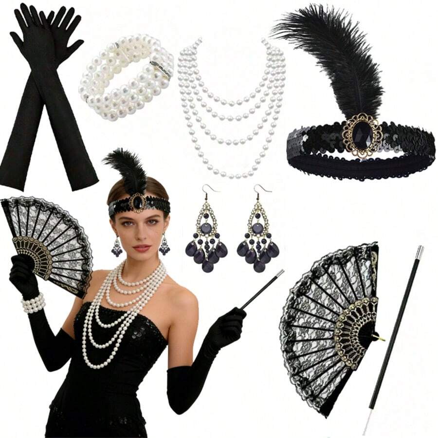Juego de 9 piezas de accesorios retro de los años 20 para Halloween y carnaval: Diadema con plumas + Abanico de encaje + Guantes largos + Collar de perlas + Pulsera de perlas + Boquilla para cigarrillos + Aretes, Disfraz de fiesta vintage, regalo de cumpleaños de moda - Negro - Ver 1