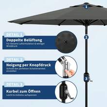 Techigher Garden Parasol Umbrellas, Outdoor Sun Shade With 8 Ribs & Hand Crank, Tilt Function, UV Protection, Air Vent, Sun Shade Canopy For Outdoor Gardens Pool Balcony Patio, Base Not Included - Grey - View 4