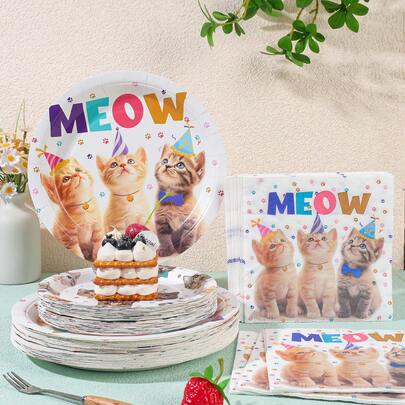 Juego de vajilla desechable con diseño de cara de gato, platos de papel desechables de 7/9 pulgadas, servilletas, adecuado para reuniones familiares, revelación de género, festivales, cumpleaños, bodas, despedidas de soltero, picnics y otros eventos