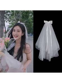 1 pieza Elegante diadema de novia romántica de tul con lazo, corona de flores blancas hecha a mano, accesorio para el cabello de estilo princesa para boda, decoración para el cabello de niña de las flores, velo de novia, tocado de fiesta de disfraces, Navidad, festival, cumpleaños - Multicolor - Ver 2