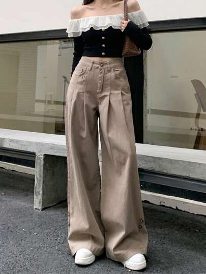 YEAE | Quần jeans ống rộng xếp ly cho nữ, quần ống đứng dáng rộng thoải mái, thích hợp cho mùa xuân