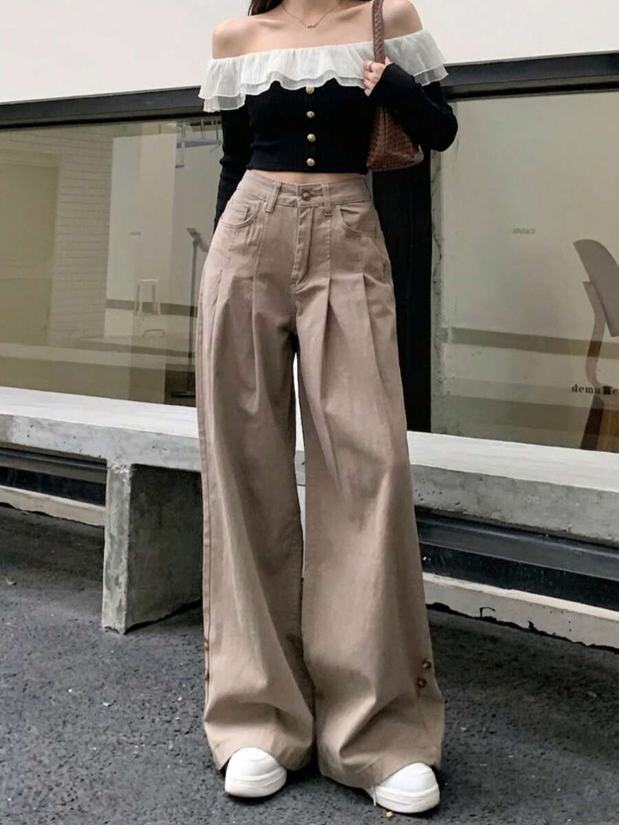 YEAE | Jeans de pierna ancha con pliegues para mujer, pantalones rectos casuales y sueltos con pliegues, primavera - Caqui - Ver 1
