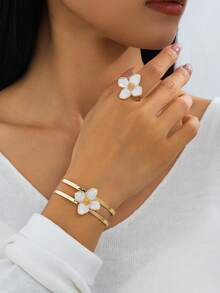 1 Set Handmade White Floral Resin Bangle & Ring Jewelry Set, Romantic Gentle Resort Style - White - View 3