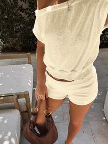 Women's Casual Vacation 2-Piece Set, Elegant Versatile Design, Fitted RibbedFabric, Minimalist Fashionable Off-Shoulder Top Paired With Elastic Waist Straight Shorts, Spring/Summer - Beige - View 6