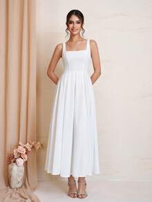 Women's Elegant White Square Neck Adjustable Strap A-Line Midi Dress (Back Zipper Design), Formal Dress For Wedding Guests, Dinners, Parties & Cocktail Events Summer - White - View 7