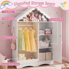 Kids Dress Up Storage W/ Mirror Roofed Wardrobe Closet W/ Open Hanging Rack - White - View 8