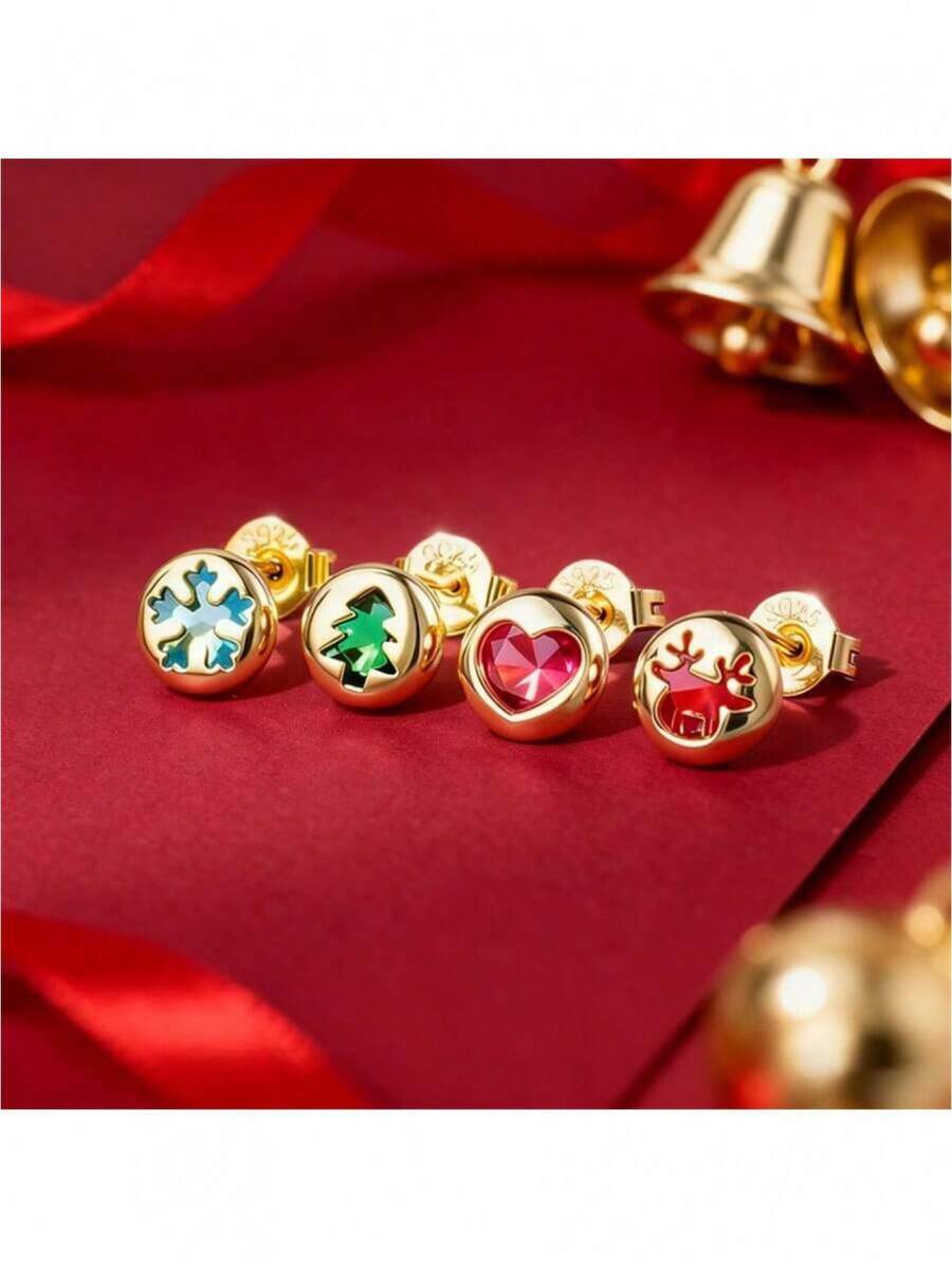 1 Pair Elegant, Fashionable, Unique 925 Sterling Silver Earrings, Inlaid With Synthetic Zirconia, Featuring Snowflake, Christmas Tree, Heart And Reindeer Patterns, Suitable For Women To Attend Holiday Parties And Banquets, Also Can Be Used As Christmas Gifts - Gold - View 1