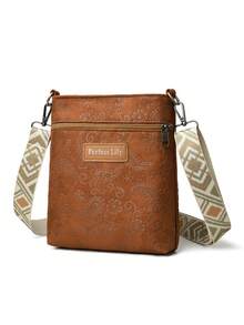 新款女士斜挎包，波西米亚风肩带单肩包，PU材质压纹设计，适合购物、旅行、日常使用，轻便且容量大，可装个人物品。 - 棕色 - 查看 6