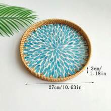 1pc 7.87 Inch Diameter X 1.18 Inch Height Handmade Rattan Round Tray, Colorful Shell Decorated Desktop Storage Tray - View 12
