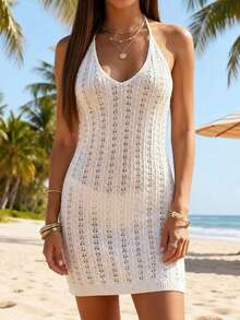 Vestido de punto de ganchillo para mujer, color liso, para cubrirse del agua, con aberturas, tejido, sin mangas, cuello halter, minivestido para la playa. - Blanco - Ver 2
