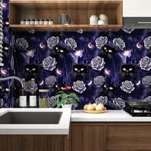 1卷梦幻玫瑰猫主题壁纸，深色植物动物图案壁纸，优雅室内装饰自粘壁纸，适用于房间、厨房和橱柜装饰，可移除壁纸，适用于各种房间 - 玫瑰 - 查看 8