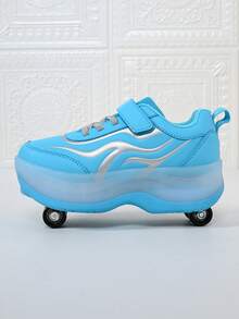 Girls' Sky Blue Wave Pattern , Hook And Loop 4-Wheel Retractable Roller Skates, Children's Sports Inline Skates - Mint Blue - View 2