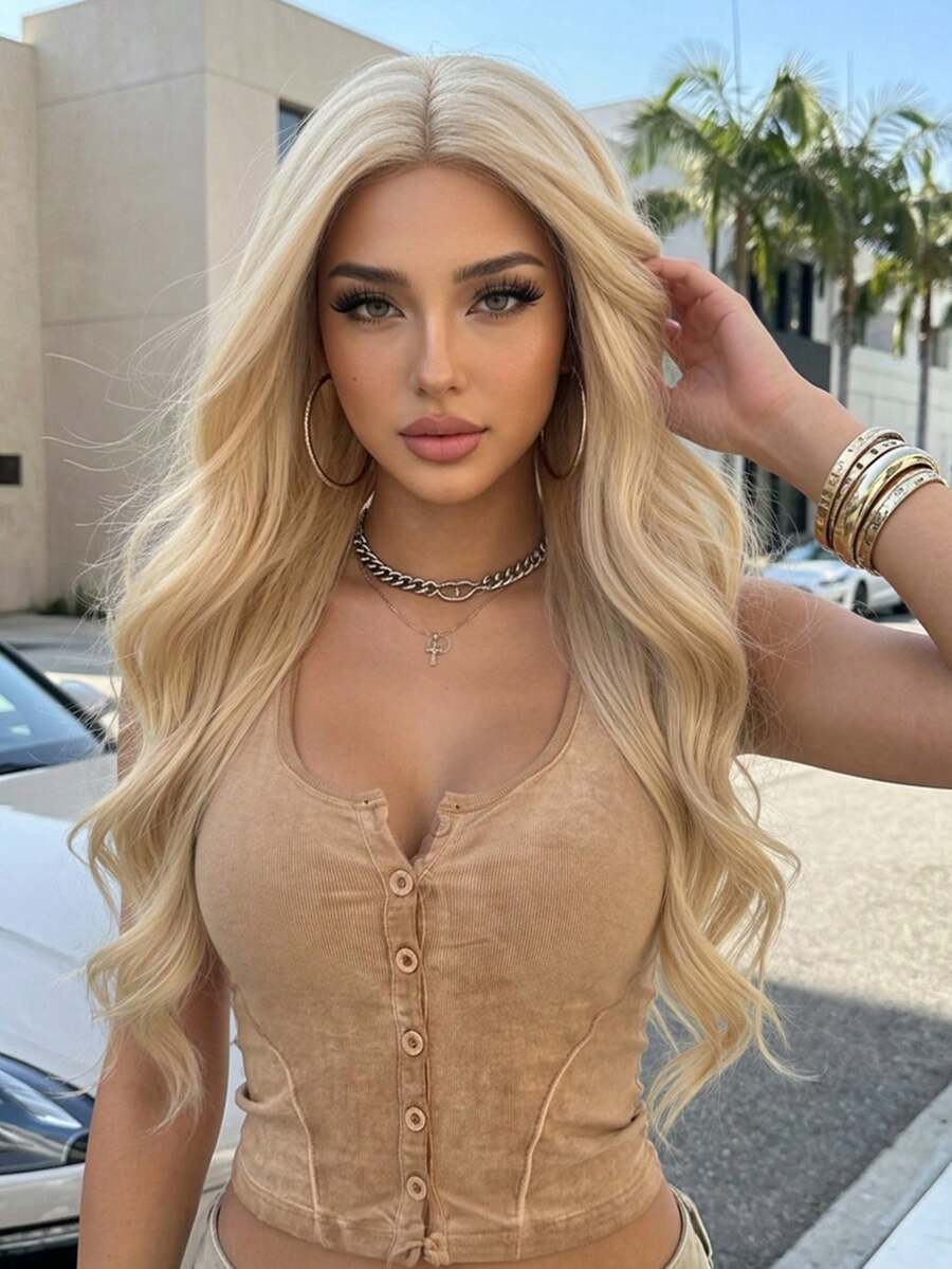28 Inch Ash Blonde Long Body Wave Wig, Middle Part Synthetic Hair Wig, High Density Natural Looking Fake Hair For Cosplay Halloween Daily Use - Gold - View 1