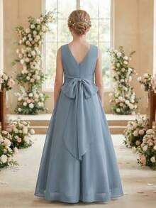 Đầm chiffon ôm sát, không tay, cổ chữ V, hở lưng, xếp ly ở eo, thanh lịch, thích hợp cho du lịch, kỳ nghỉ, tiệc sinh nhật, đám cưới, bé gái cầm hoa, phù dâu, dạ hội, các dịp trang trọng. - Màu xanh lam - Xem 8