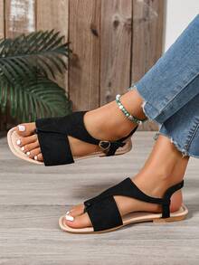 2026新款女士平底凉鞋，绒面革材质，时尚简约风格，适合夏季、度假、波西米亚风、套脚式、绑带式、人字拖、沙滩鞋 - 黑色 - 查看 3