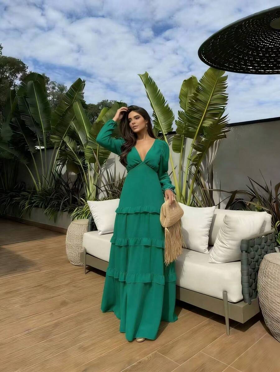Women's Long Chiffon Dress With Long Sleeves, V-Neck, Ruffled Hem And Lining. - 軍綠色 - 查看 1