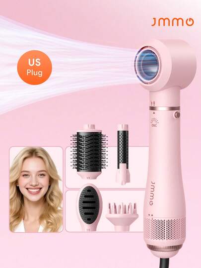 JMMO 五合一热风梳 - 美规插头，集吹风梳和空气卷发造型器于一体，采用负离子技术，可用于吹干、卷发、拉直和造型，专业美发造型工具