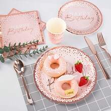 175PCS Happy Birthday Plates And Napkins Party Supplies Paper Pink And Rose Gold Plastic Forks Knives Spoons Serve 25 Guests For Girl Women - 粉紅色和玫瑰金 - 查看 7