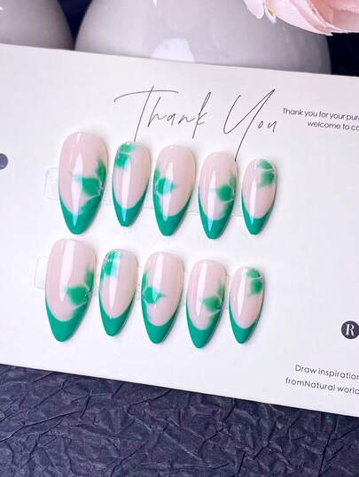 10片手工制作的按压式美甲贴片，美甲用品，假指甲，美甲贴纸，夏季美甲，短指甲，亚克力按压式美甲贴片，按压式美甲套装，Y2K风格，绿色美甲，指甲表面饰有手绘绿色花朵，简约风格，适合女士和女孩日常使用，附带美甲工具。