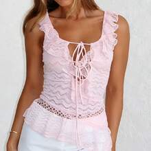 Women Lace Ruffle Sleeveless Double Later Irregular Hem Backless Tank Tops - Pink - View 2
