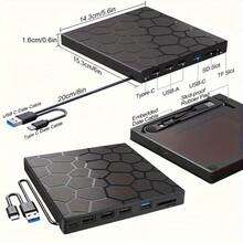 USB 3.0 Burner, 24x CD/Burning Speed, 8x DVD Reading Speed, ,Compact, Battery-Free, Compatible With PC, For  Windows 11/10/8/7, Linux - Read/Write, Burn, Rip, Install Software, Data Backup, USB Expansion, SD Card Reader, DVD/CD/VCD Compatible, Laptop Accessory ,The Best Choice For Home And Office Use.| Modern Aesthetics | Compact Size, External Hard Drive - Black - View 2