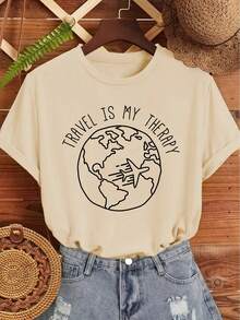 Minimalist Line Graffiti Full-View Design: An Airplane Passing Over The Earth, English Letter Print Pattern, Retro, Simple, Fresh, Fashionable, Spring-Summer, Round-Neck, Short-Sleeve Top, Women's Casual Sports T-Shirt - Minimalist - trắng - Xem 8