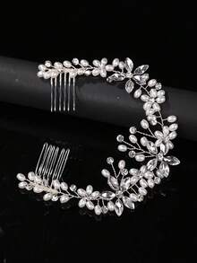 1pc Crystal & Rhinestone Decor Bridal Bridesmaid Hair Comb, Luxurious Hair Accessory For Wedding, Banquet, Party,Summer,Beach - 63322 Silver - View 9