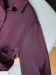 Camisa de mujer casual y elegante de manga larga, de unicolor y con botones delanteros, adecuada para el hogar, el trayecto, festivales de música/temporada de bodas, primavera/verano - Burdeos - Ver 9
