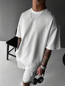 Camiseta casual de manga corta de cuello redondo sólida y holgada para hombre, para uso diario en verano - Blanco - Ver 4